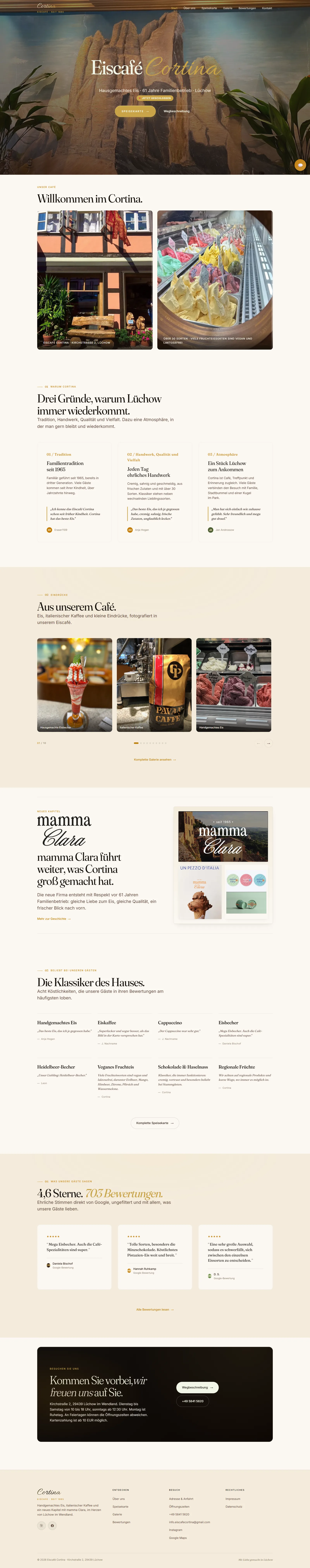 Website des Eiscafés Cortina im Hero-Bereich